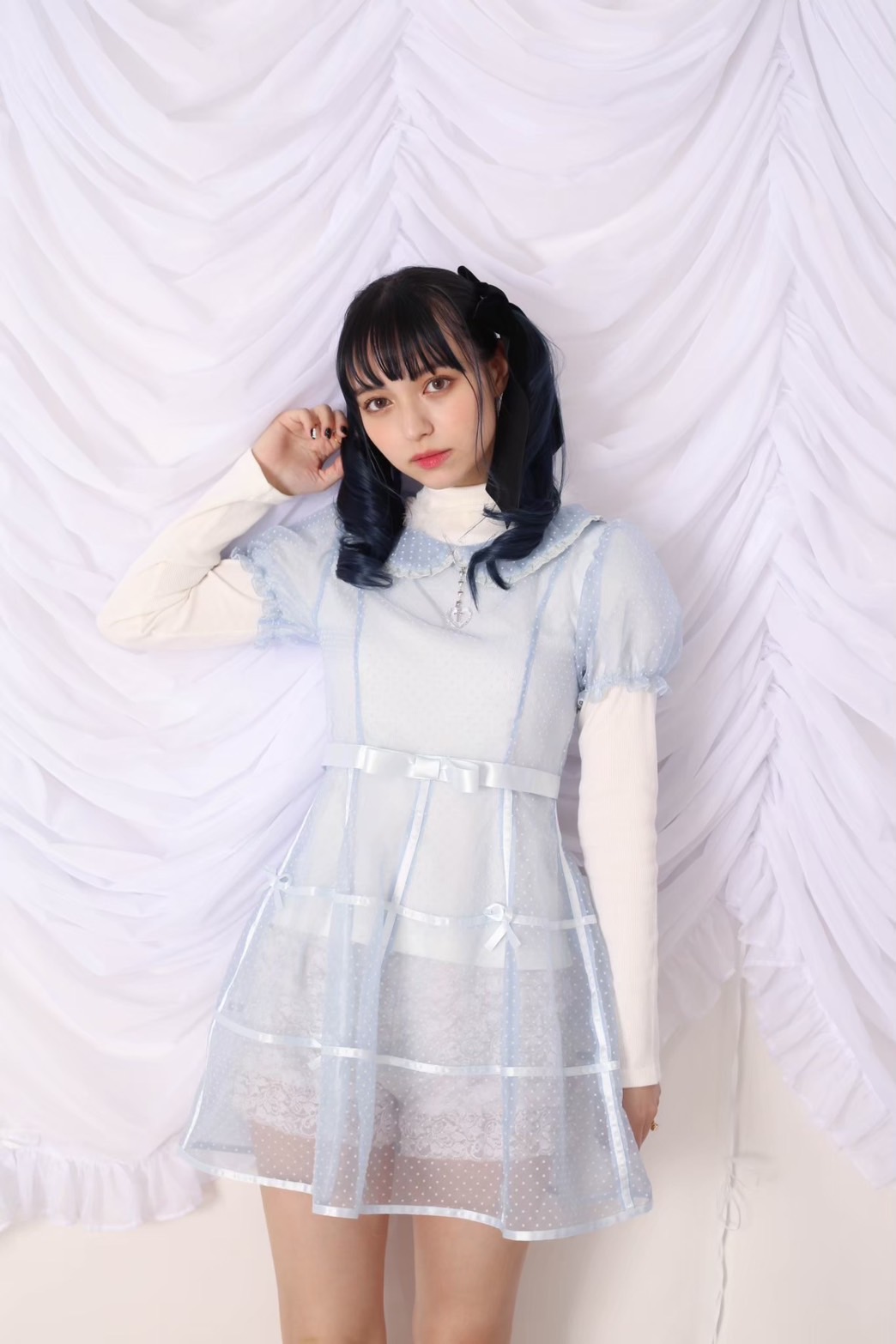 カットオフ & リボン装飾 ワンピース★大人可愛い キュート 上品 ロジータ ROJITA マリン風ダブル開きワンピース （ブラック